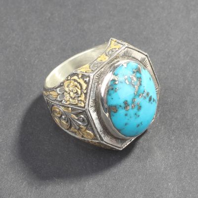 925 Sterling Silver Handcarved Turquoise Stone Man Ring - 4