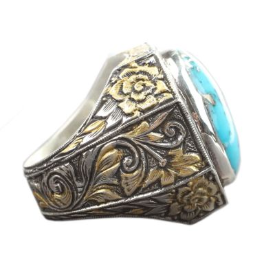 925 Sterling Silver Handcarved Turquoise Stone Man Ring - 5