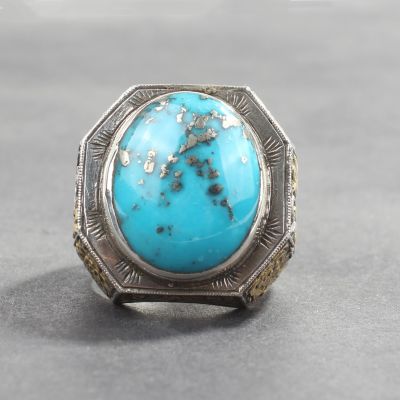 925 Sterling Silver Handcarved Turquoise Stone Man Ring - 6