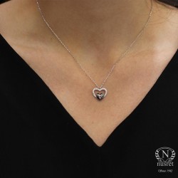 925 Sterling Silver Heart in Heart & Lock Necklace with White CZ - Nusrettaki