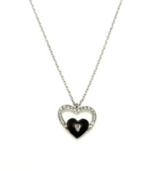 925 Sterling Silver Heart in Heart & Lock Necklace with White CZ - 2