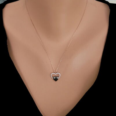 925 Sterling Silver Heart in Heart & Lock Necklace with White CZ - 3