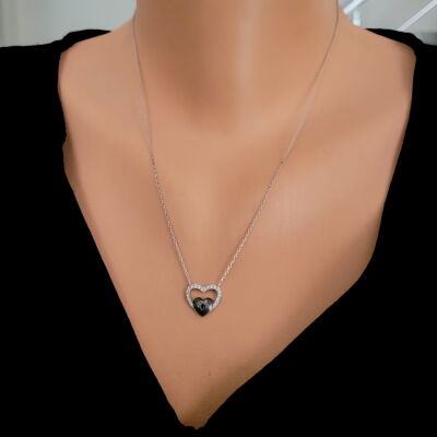 925 Sterling Silver Heart in Heart & Lock Necklace with White CZ - 1