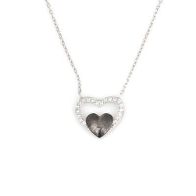 925 Sterling Silver Heart in Heart & Lock Necklace with White CZ - 2