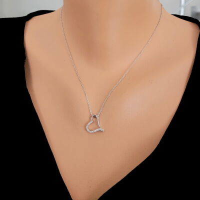 925 Sterling Silver Heart Necklace with White Cz - 1