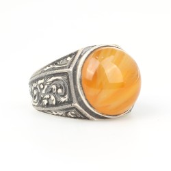 925 Sterling Silver Hexagon Squeezing Amber Hand Carved Men Ring - Nusrettaki