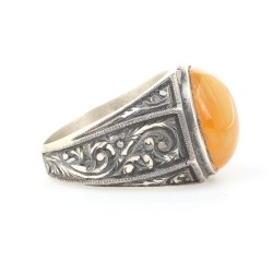 925 Sterling Silver Hexagon Squeezing Amber Hand Carved Men Ring - Nusrettaki (1)