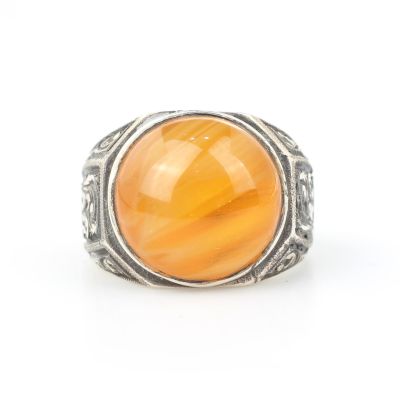 925 Sterling Silver Hexagon Squeezing Amber Hand Carved Men Ring - 3