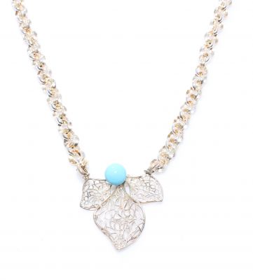 925 Sterling Silver Leaf on top Turquoise Necklace, Doch Chain - 1