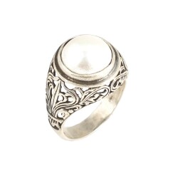 925 Sterling Silver Men Ring With Pearl - Nusrettaki