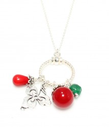 925 Sterling Silver Coral and Jade Stone Ring Necklace - 2