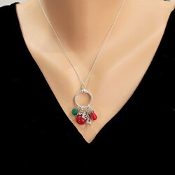 925 Sterling Silver Coral and Jade Stone Ring Necklace - Nusrettaki