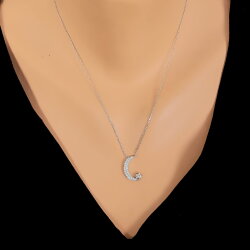 925 Sterling Silver Moon And Star Model Necklace with CZ - Nusrettaki