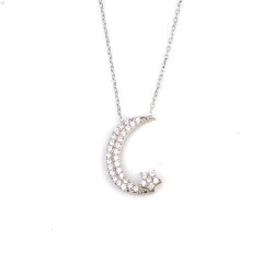 925 Sterling Silver Moon And Star Model Necklace with CZ - Nusrettaki (1)