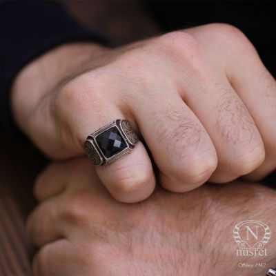 925 Sterling Silver Onyx Men Ring, Square - 5