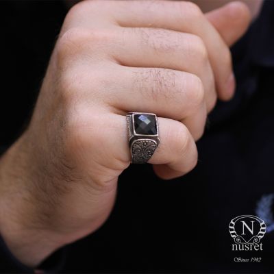 925 Sterling Silver Onyx Men Ring, Square - 6
