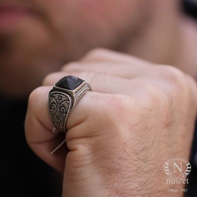 925 Sterling Silver Onyx Men Ring, Square - 7