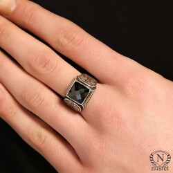 925 Sterling Silver Onyx Men Ring, Square - 1