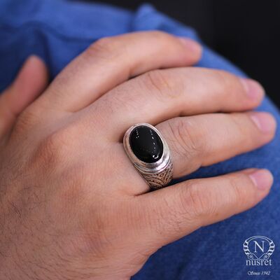 925 Sterling Silver Onyx Stone Men Ring, Square - 4