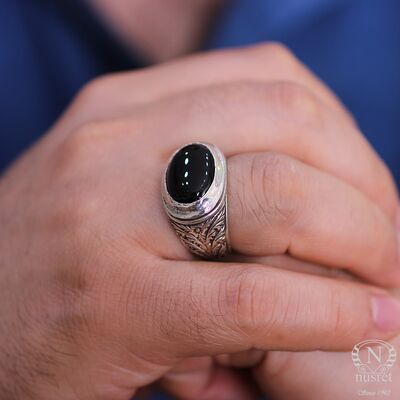 925 Sterling Silver Onyx Stone Men Ring, Square - 1
