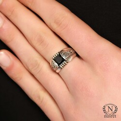 925 Sterling Silver Men Ring, Square with Onyx - 1
