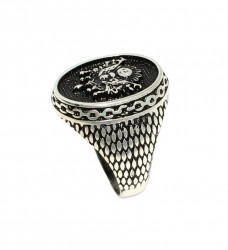 925 Sterling Silver Ottoman Sign Patterned Arm's Men Ring - 4