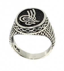 925 Sterling Silver Ottoman Sign Patterned Men Ring - 3