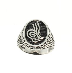 925 Sterling Silver Ottoman Sign Patterned Men Ring - 2