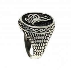 925 Sterling Silver Ottoman Sign Patterned Men Ring - 4
