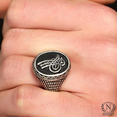 925 Sterling Silver Ottoman Sign Patterned Men Ring - 1