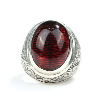 925 Sterling Silver Oval Amber Handcarved Man Ring - 3