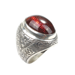925 Sterling Silver Oval Amber Handcarved Man Ring - 6