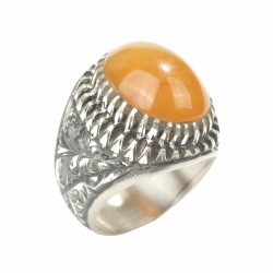 925 Sterling Silver Oval Amber Stone, Carved Man Ring - Nusrettaki