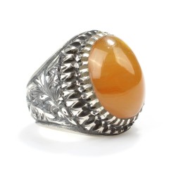 925 Sterling Silver Oval Amber Stone, Carved Man Ring - Nusrettaki (1)