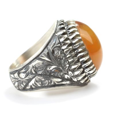 925 Sterling Silver Oval Amber Stone, Carved Man Ring - 3