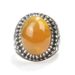 925 Sterling Silver Oval Amber Stone, Carved Man Ring - 4