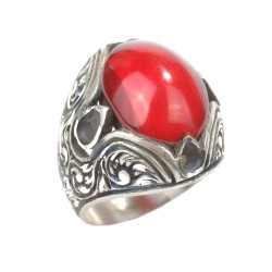 925 Sterling Silver Oval Red Amber Stone Man Ring - 2