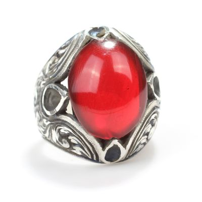 925 Sterling Silver Oval Red Amber Stone Man Ring - 3