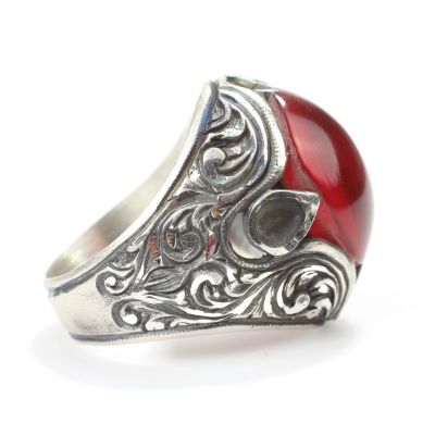 925 Sterling Silver Oval Red Amber Stone Man Ring - 4