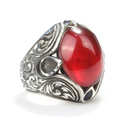 925 Sterling Silver Oval Red Amber Stone Man Ring - 5