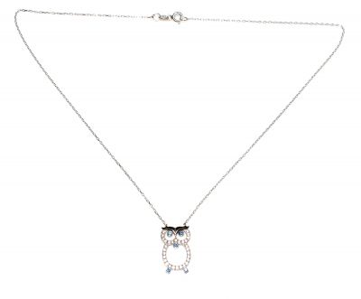 925 Sterling Silver Owl Design Necklace with White CZ - 8