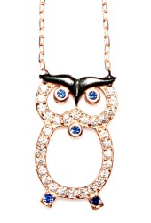 925 Sterling Silver Owl Design Necklace with White CZ - 9