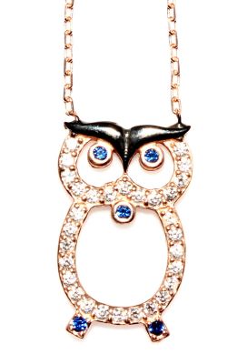 925 Sterling Silver Owl Design Necklace with White CZ - 9