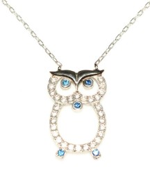 925 Sterling Silver Owl Design Necklace with White CZ - 10