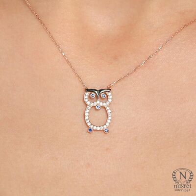 925 Sterling Silver Owl Design Necklace with White CZ - 7