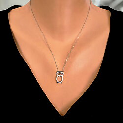 925 Sterling Silver Owl Design Necklace with White CZ - Nusrettaki