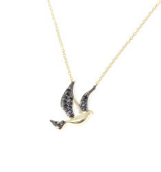 925 Sterling Silver Peace Dove Design Necklace with Black CZ - Nusrettaki (1)