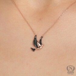 925 Sterling Silver Peace Dove Design Necklace with Black CZ - Nusrettaki