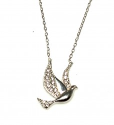 925 Sterling Silver Peace Dove Design Necklace with White CZ - Nusrettaki
