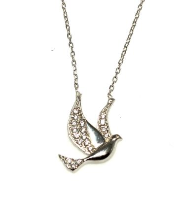 925 Sterling Silver Peace Dove Design Necklace with White CZ - 3